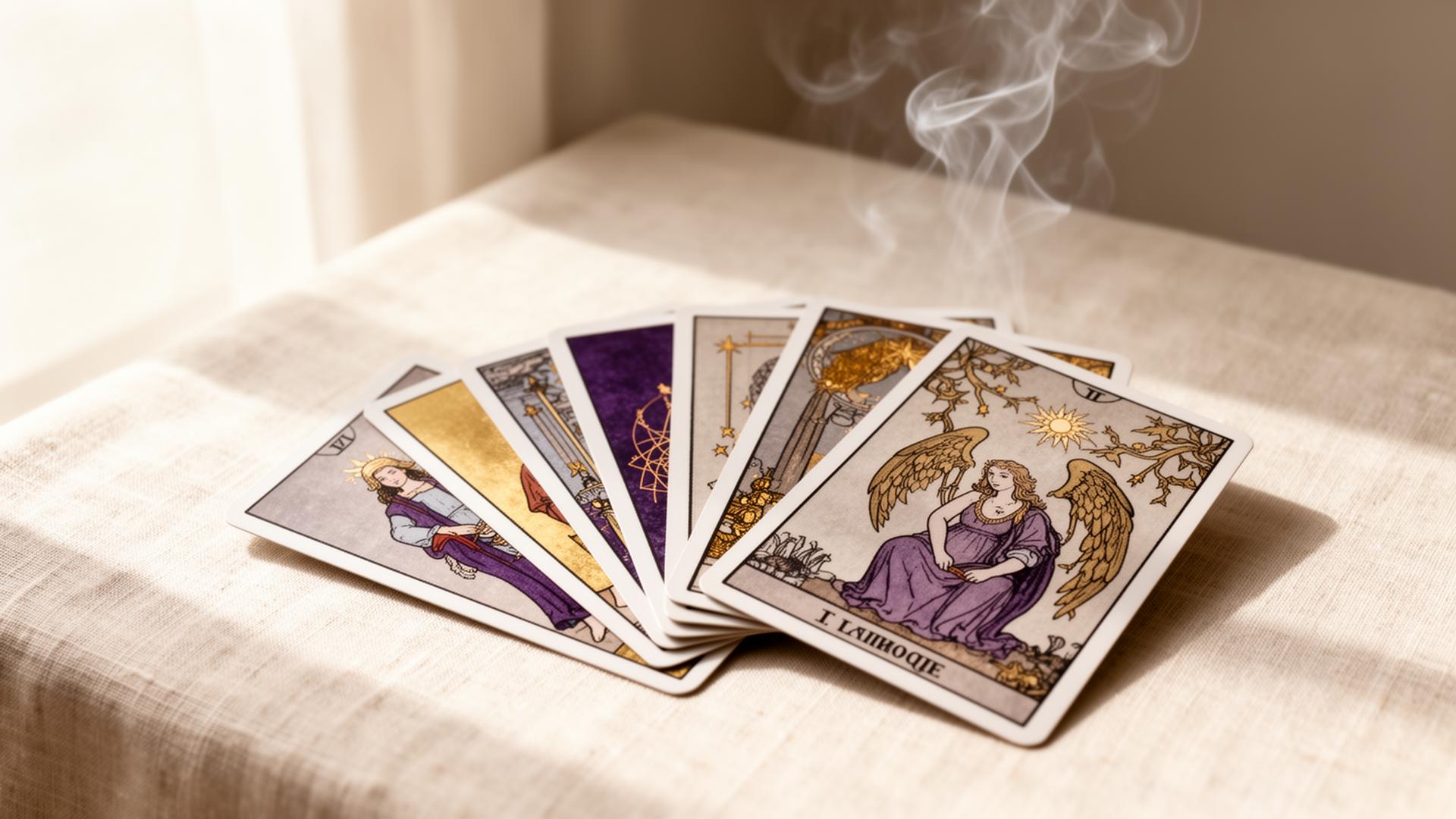 Cartas de tarot dispostas em leque sobre tecido cru